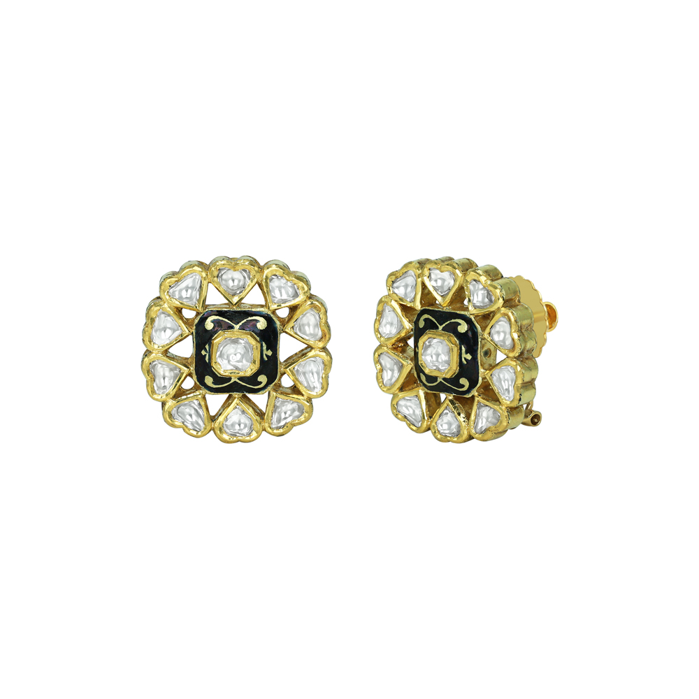 Polki Stud Earrings with Black Enamel and Teardrop Halo